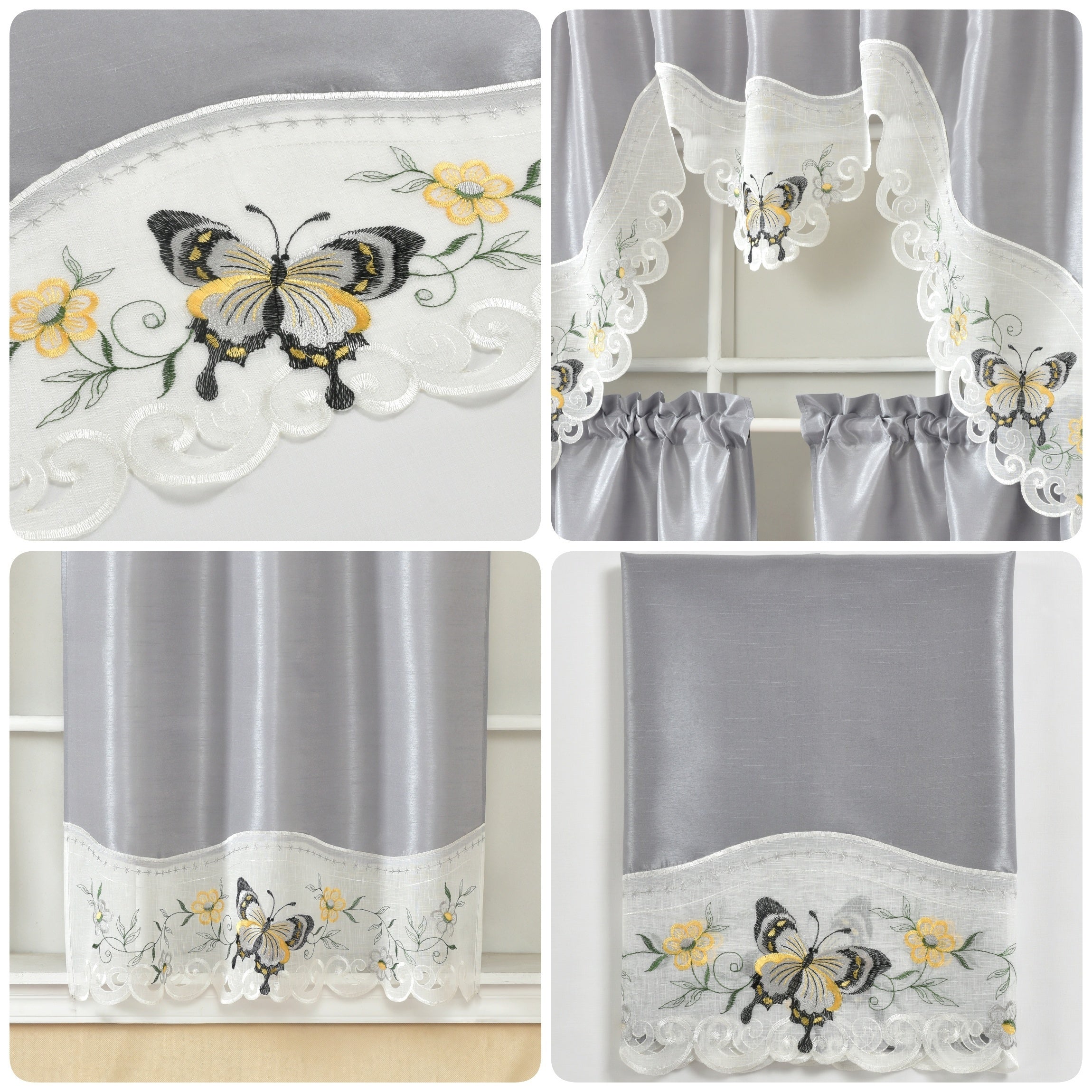 1 SET 3pcs/set Polyester plain fabric with beige floral lace, machine- pink blue gray burgundy butterfly pattern curtains, suitable for home decoration, bathroom, living room, bedroom, kitchen, outdoor decor, villa, wedding,